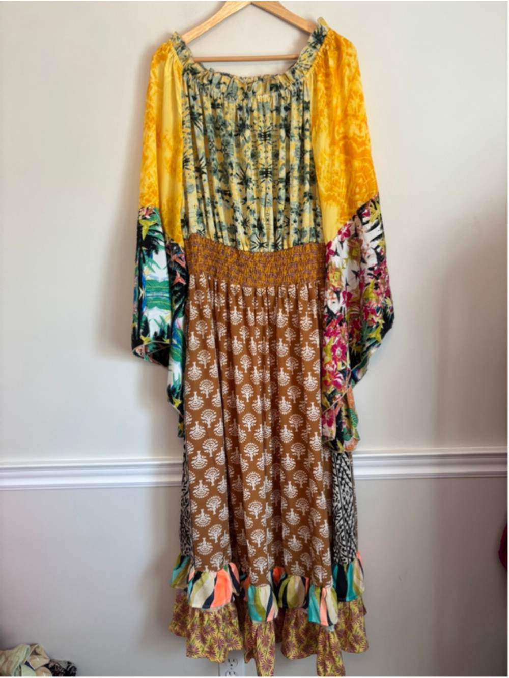 Earthbound Boho Patchwork Peasant Dress Bell Sleeve Smocked Midi Size XXL Indie